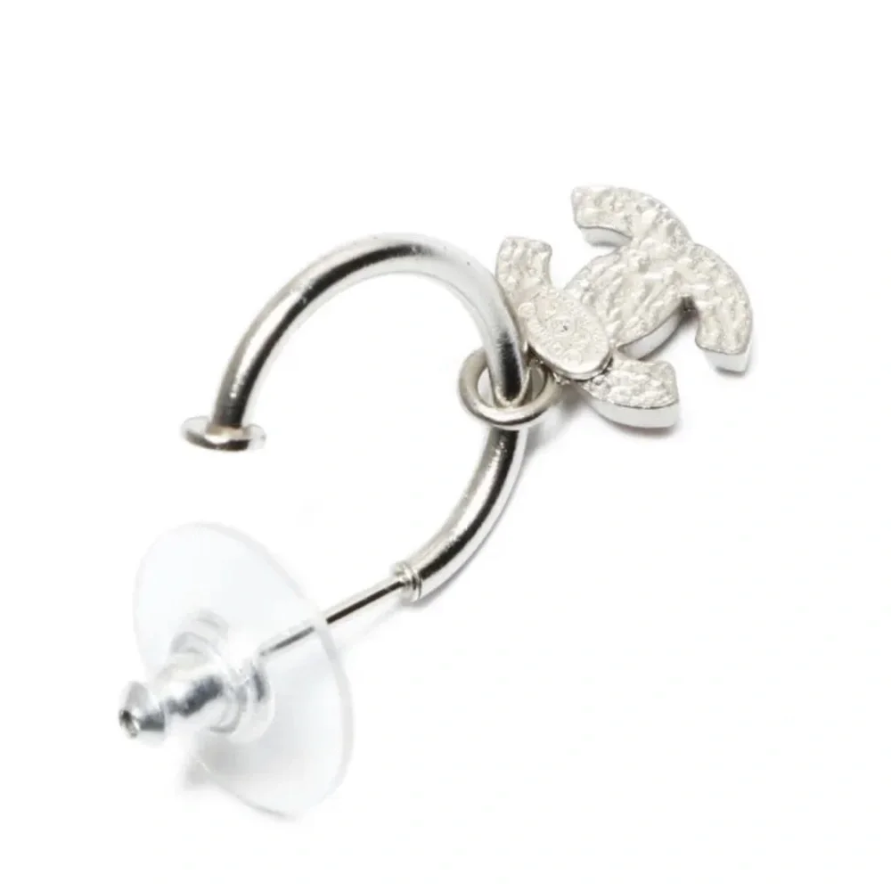 CHANEL Silver and Red CC Hoop Pierced Earrings